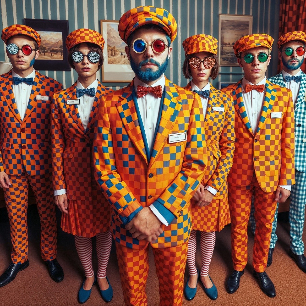 hotel, welcome, people, squares, greeting, strange, mode, atmosphere, fantasy, glasses, color, clothes, woman, male, person, together, comic, ai created